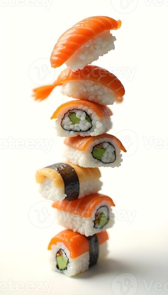 sushi stack on white background with high detail photo