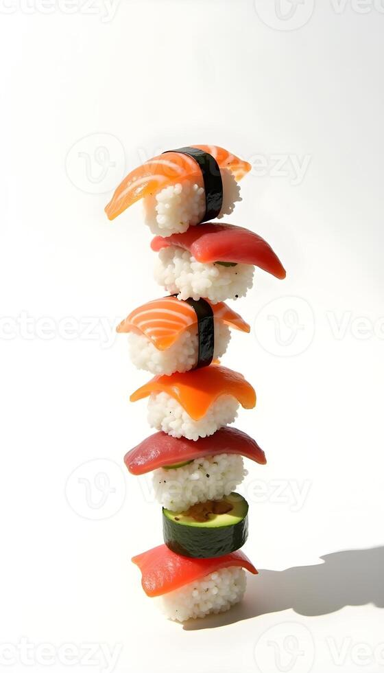 a stack of sushi with different types of fish photo