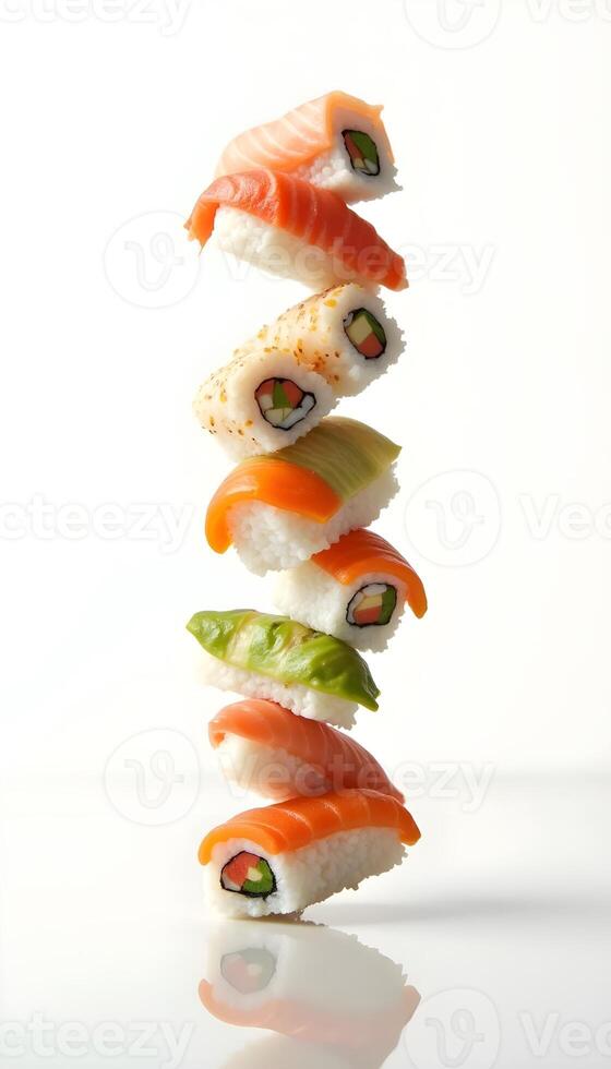 a stack of sushi on a white surface of Japanese cuisine photo
