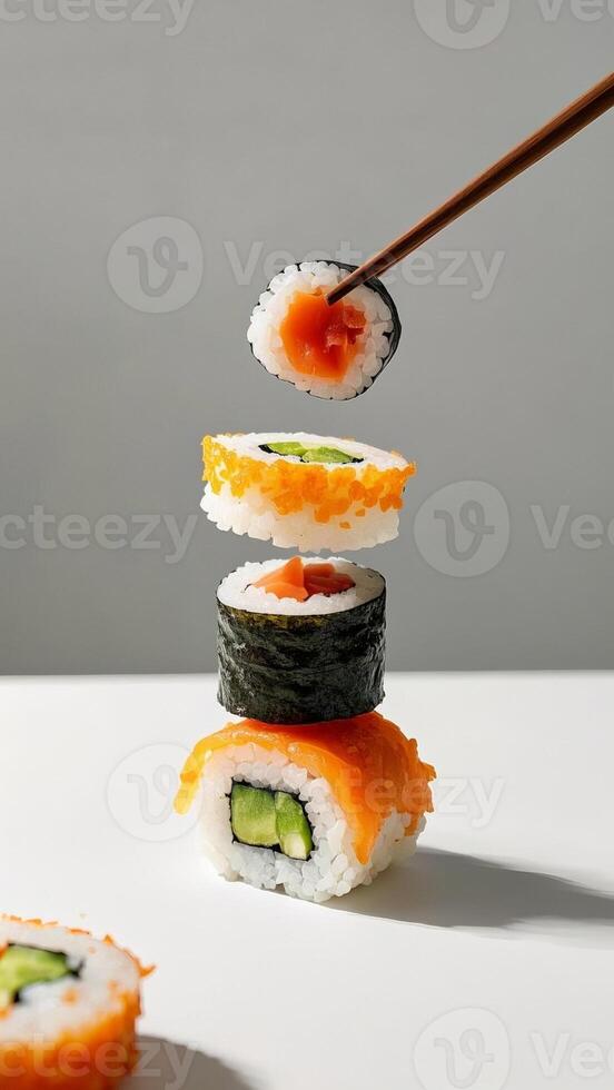 a stack of sushi with chopsticks on top photo