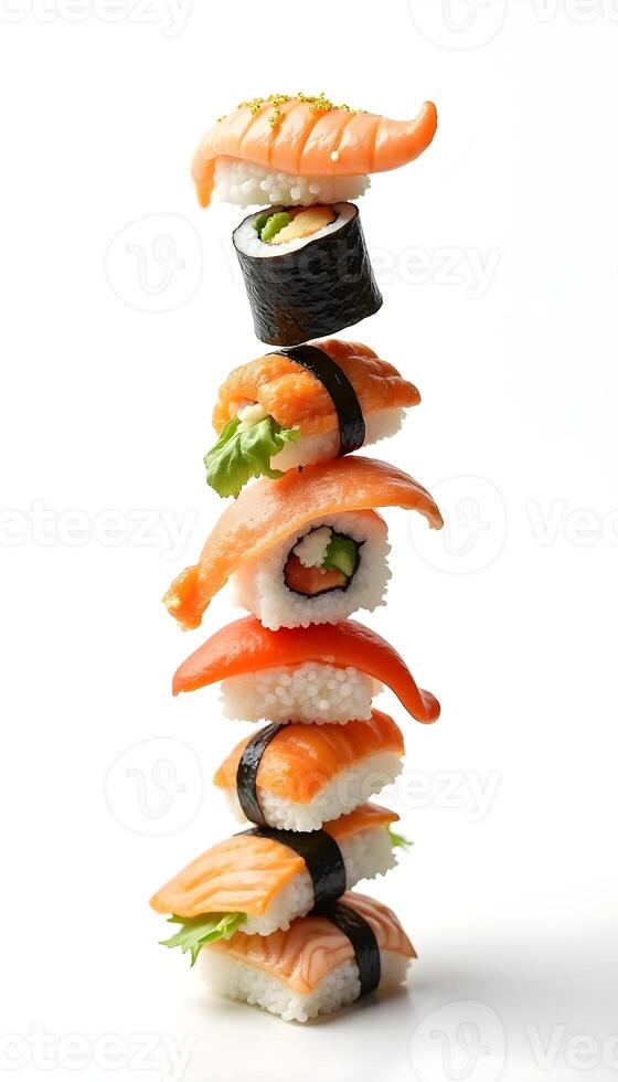 a stack of various types sushi on a white background photo