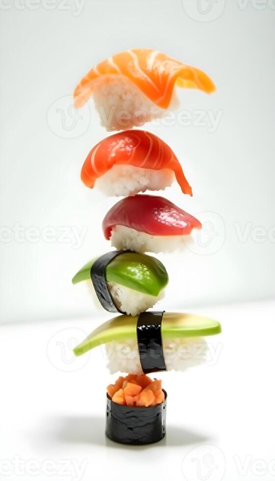 sushi stacked on top of each other white background photo