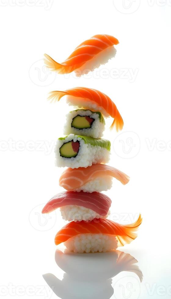 pile of various things of sushi on a white background photo