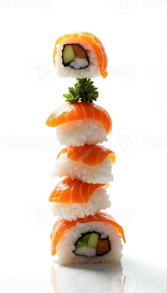 sushi stacked on top to down with white background photo