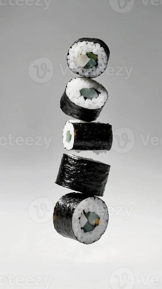 sushi stacked on top of each other on a white background photo