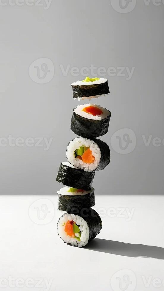 a stack of sushi on a white surface photo