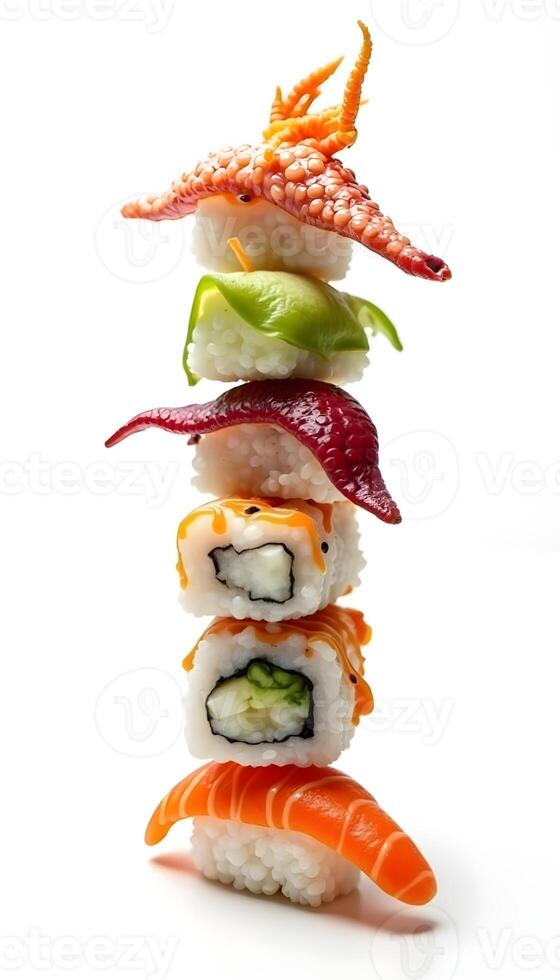 a stack of many sushi on a white background photo