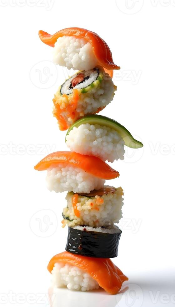 sushi stacked on top of each other with white background photo