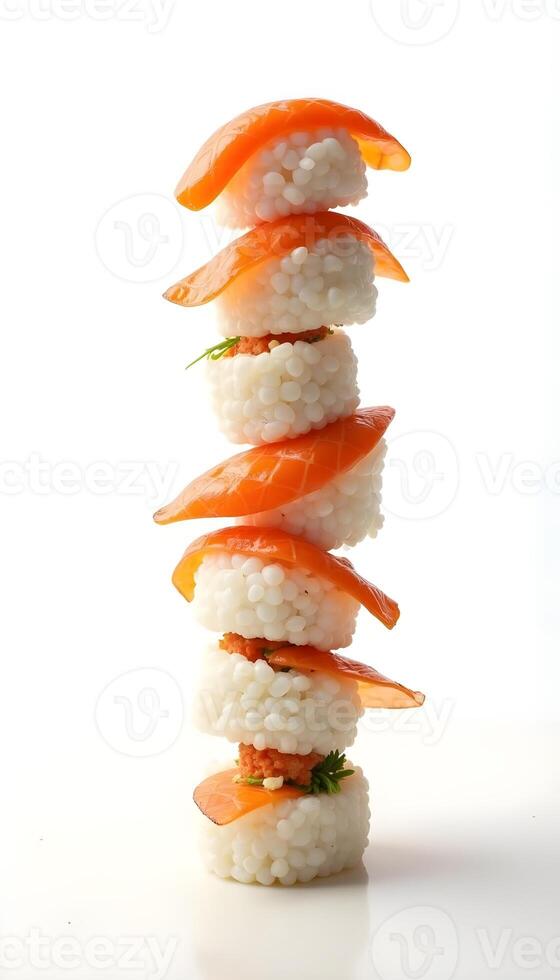 a stack of sushi with salmon and rice with white background photo