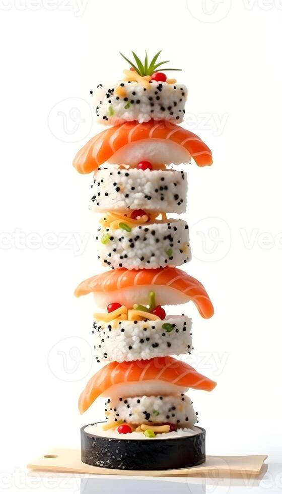 a stack of sushi on a wooden board with white background photo