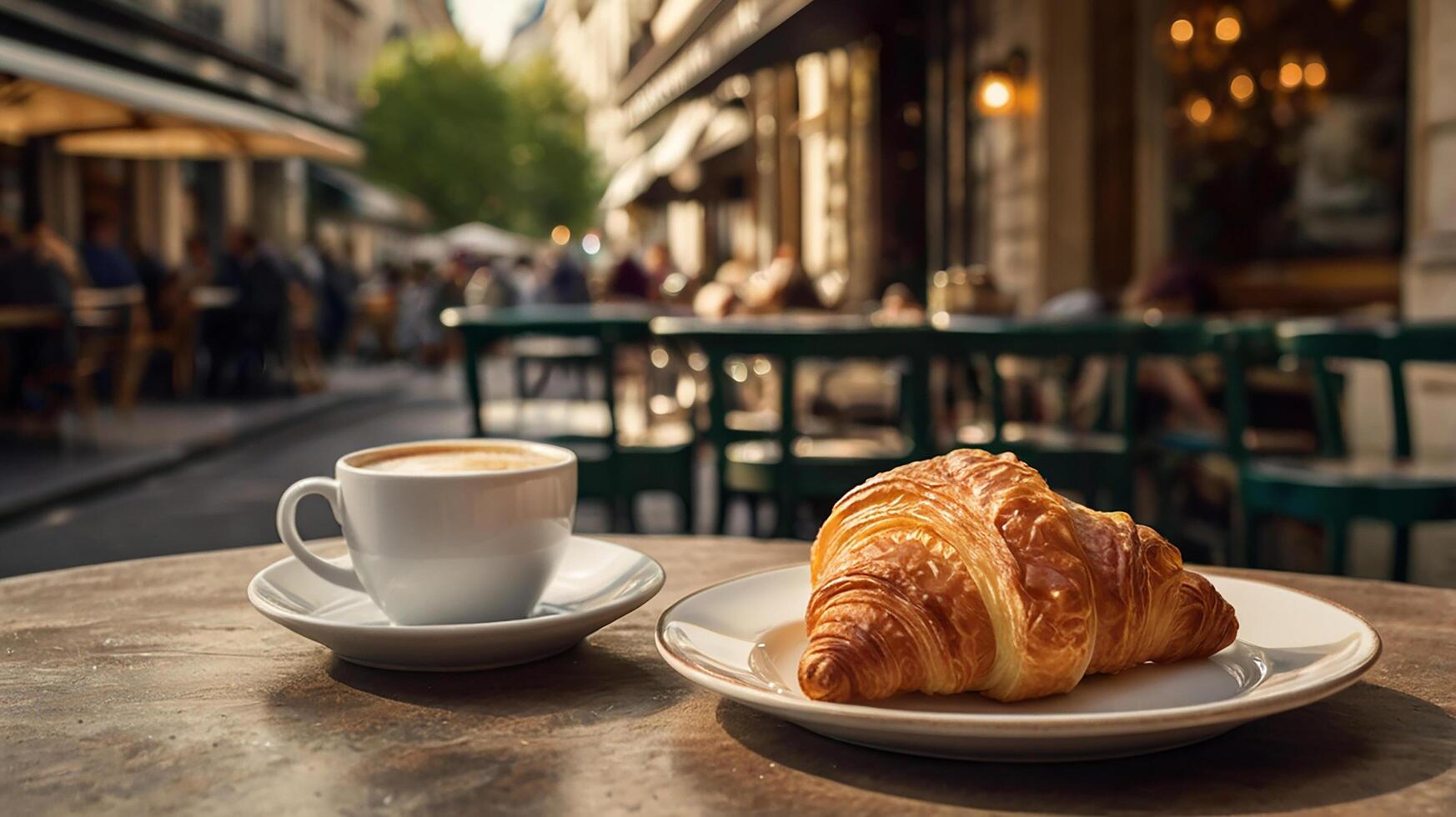 Golden Croissant and a Steaming Cup of Cafe au Lait photo