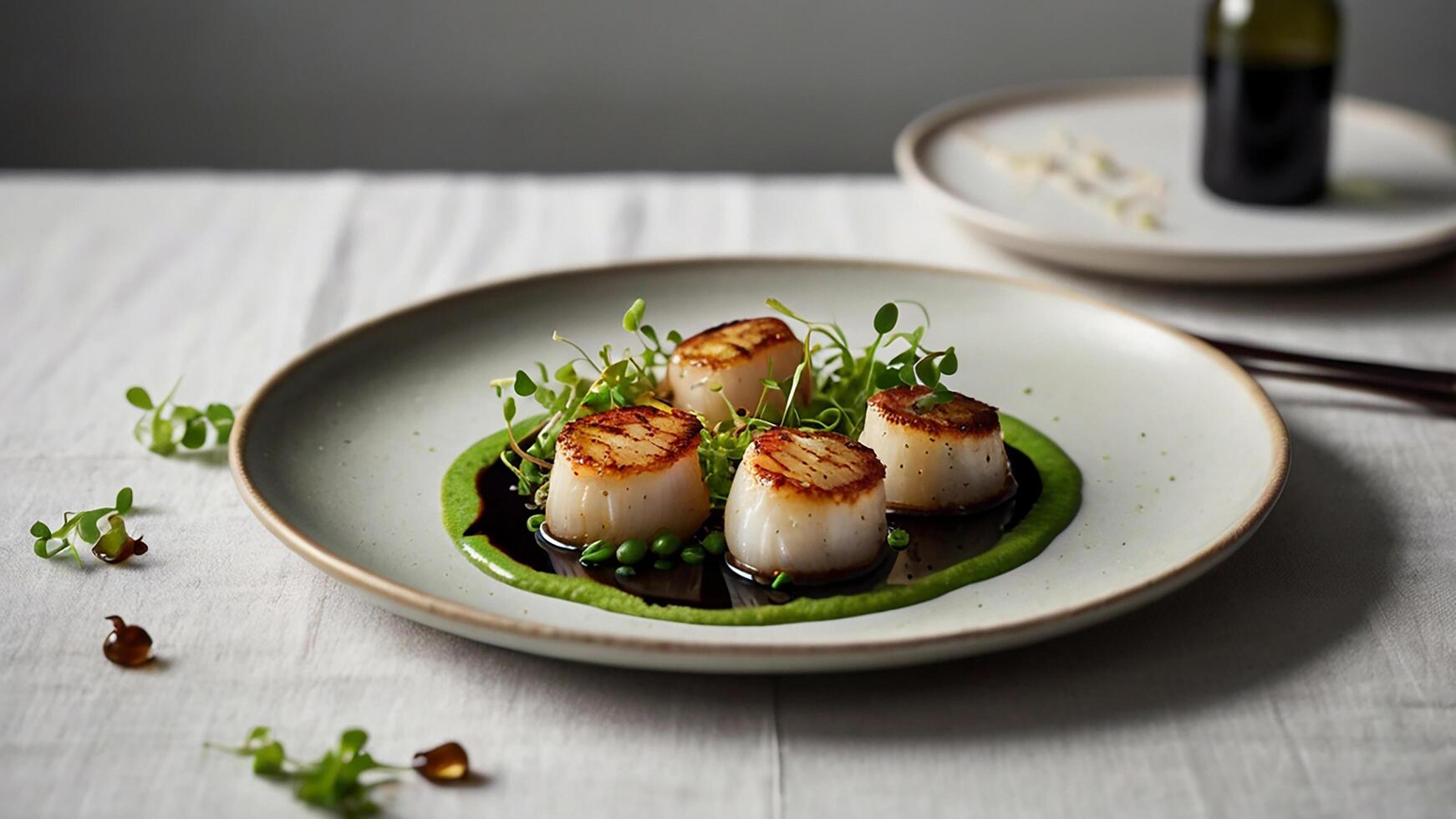Elegant Scallop Dish with Microgreens and Balsamic Drizzle photo