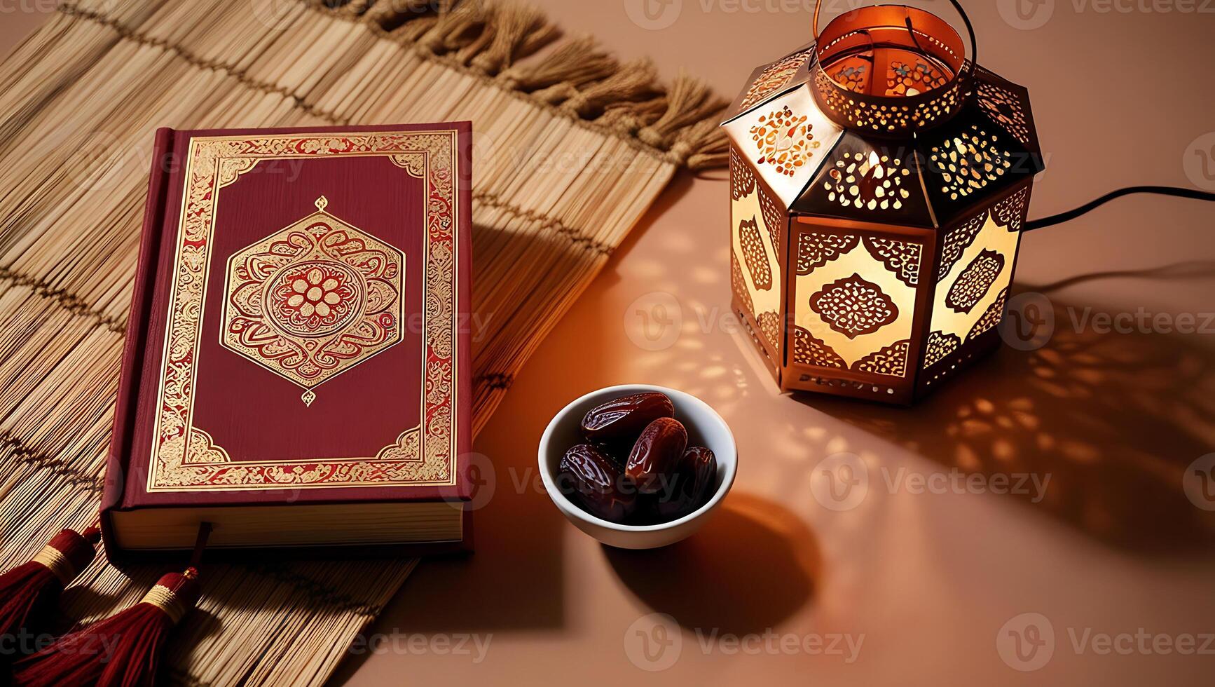 Islamic Ramadan Decoration with Holy Quran, Dates, and Lantern on Mat photo