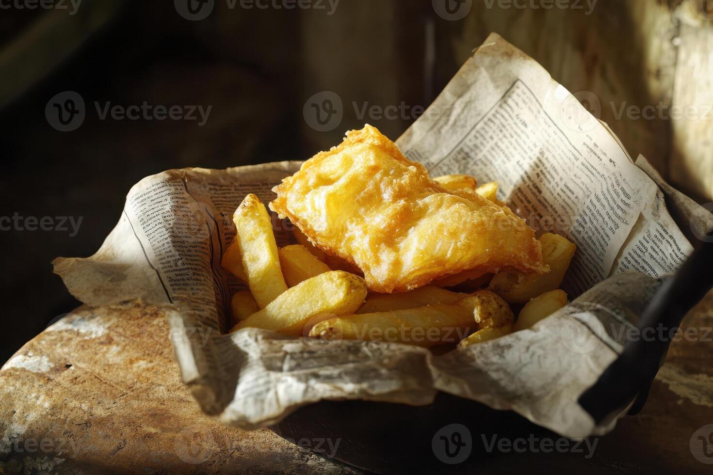 A traditional serving of English fish and chips presented in a folded piece of faux newspaper, styled for authenticity. photo