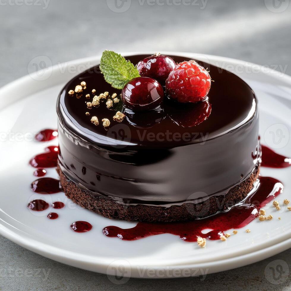 Chocolate cake with chocolate cream layers and a glossy berry glaze that reflects light like glass. photo