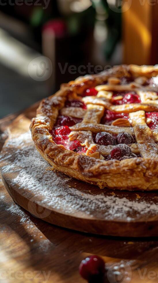 A freshly baked cherry pie with a golden crust, topped with a layer of toasted almond slivers. photo