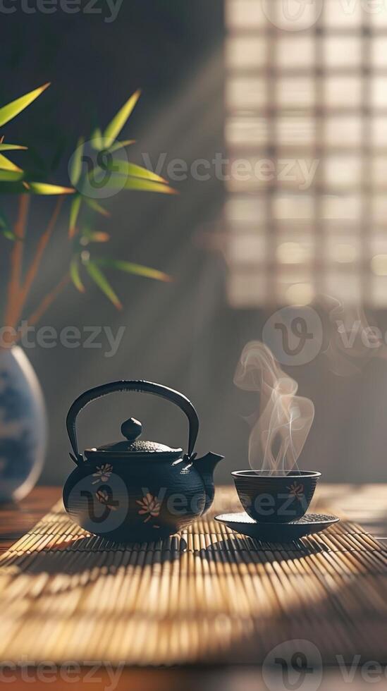 Tea ceremony scene featuring a traditional Chinese tea set crafted from dark clay, resting on a smooth, natural wooden tea tray. photo