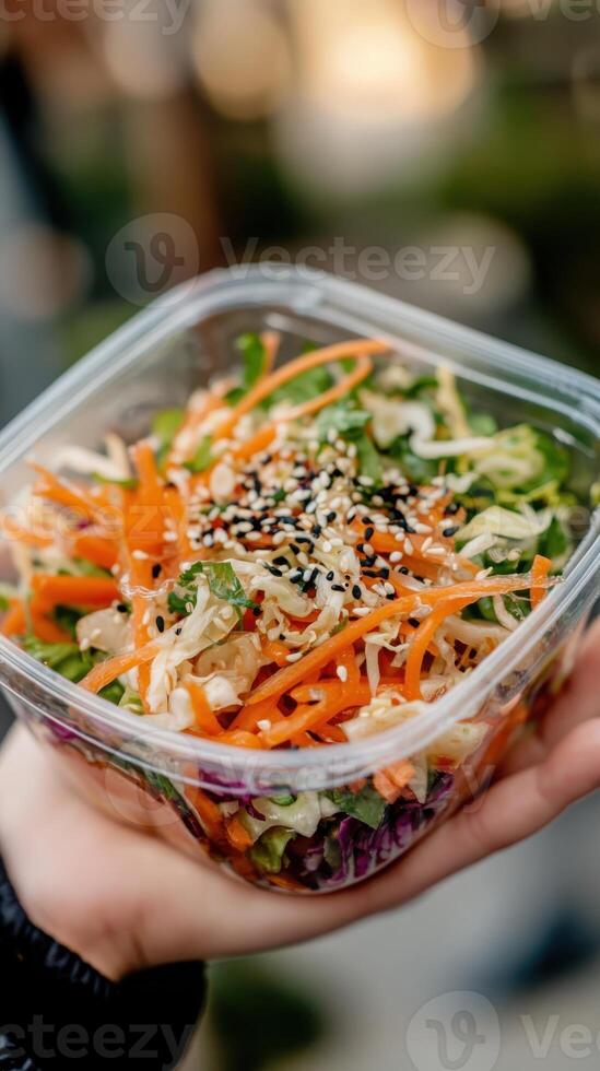A grab-and-go craft eco-friendly container with a vibrant Asian salad made of finely shredded cabbage, julienned carrots, a sprinkle of sesame seeds and a drizzle of teriyaki sauce in a hand. photo