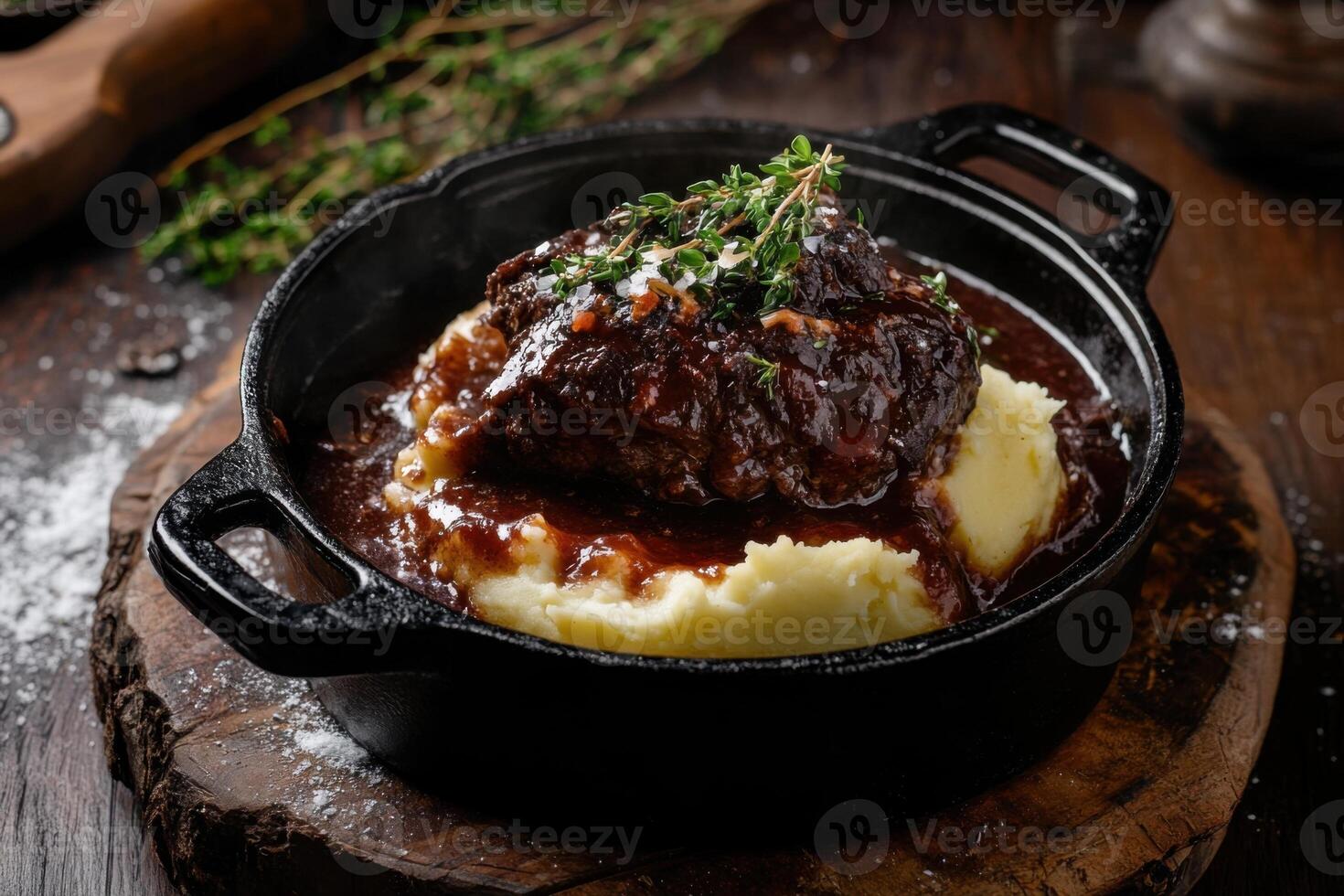 An open pie with tender beef, rich red wine sauce, and a layer of creamy mashed potatoes, served in a well-worn cast-iron pot. photo