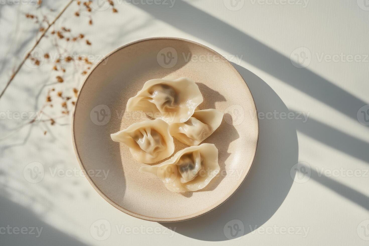 Tasty dumplings with a mushroom filling, served on a handcrafted ceramic plate. A clean, light background with shadows. photo