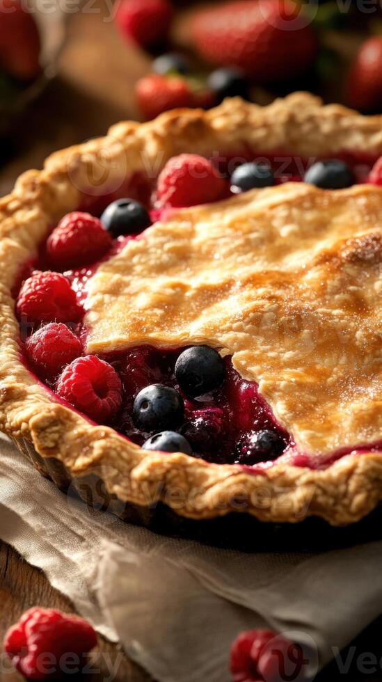 Open pie filled with a medley of vibrant seasonal berries - juicy strawberries, blueberries, and raspberries. photo