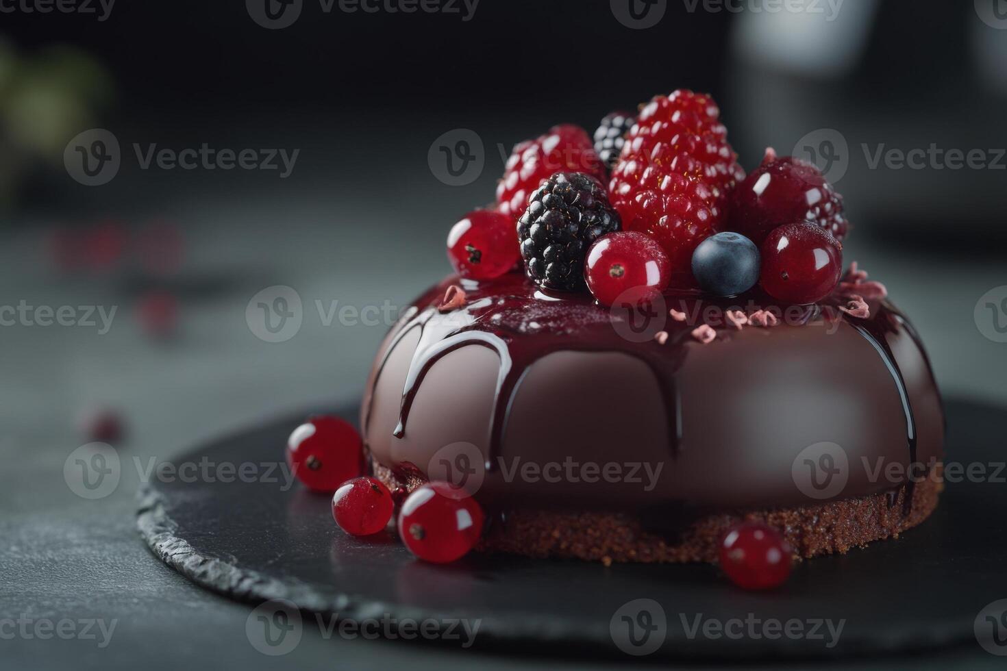 Chocolate cake with chocolate cream layers and a perfectly glossy berry glaze that reflects light like glass. photo