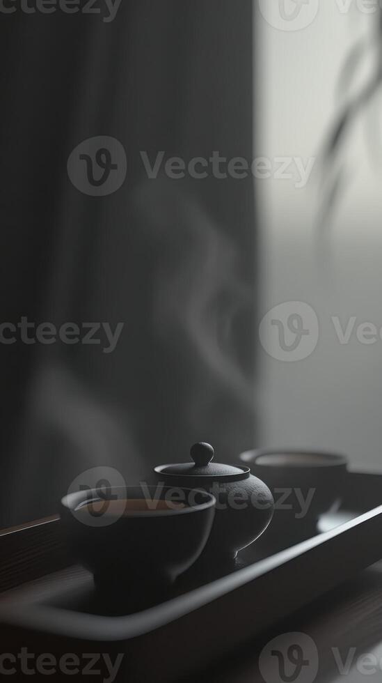 Tea ceremony scene featuring a traditional Chinese tea set crafted from dark, polished clay, resting on a natural wooden tea tray. photo