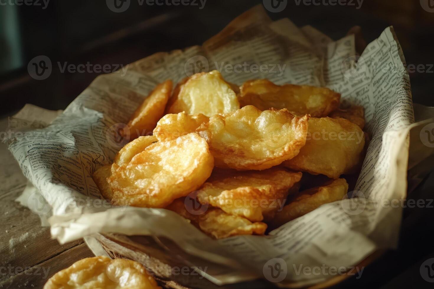 A traditional serving of English fish and chips presented in a rustic, folded piece of faux newspaper, styled for authenticity. photo