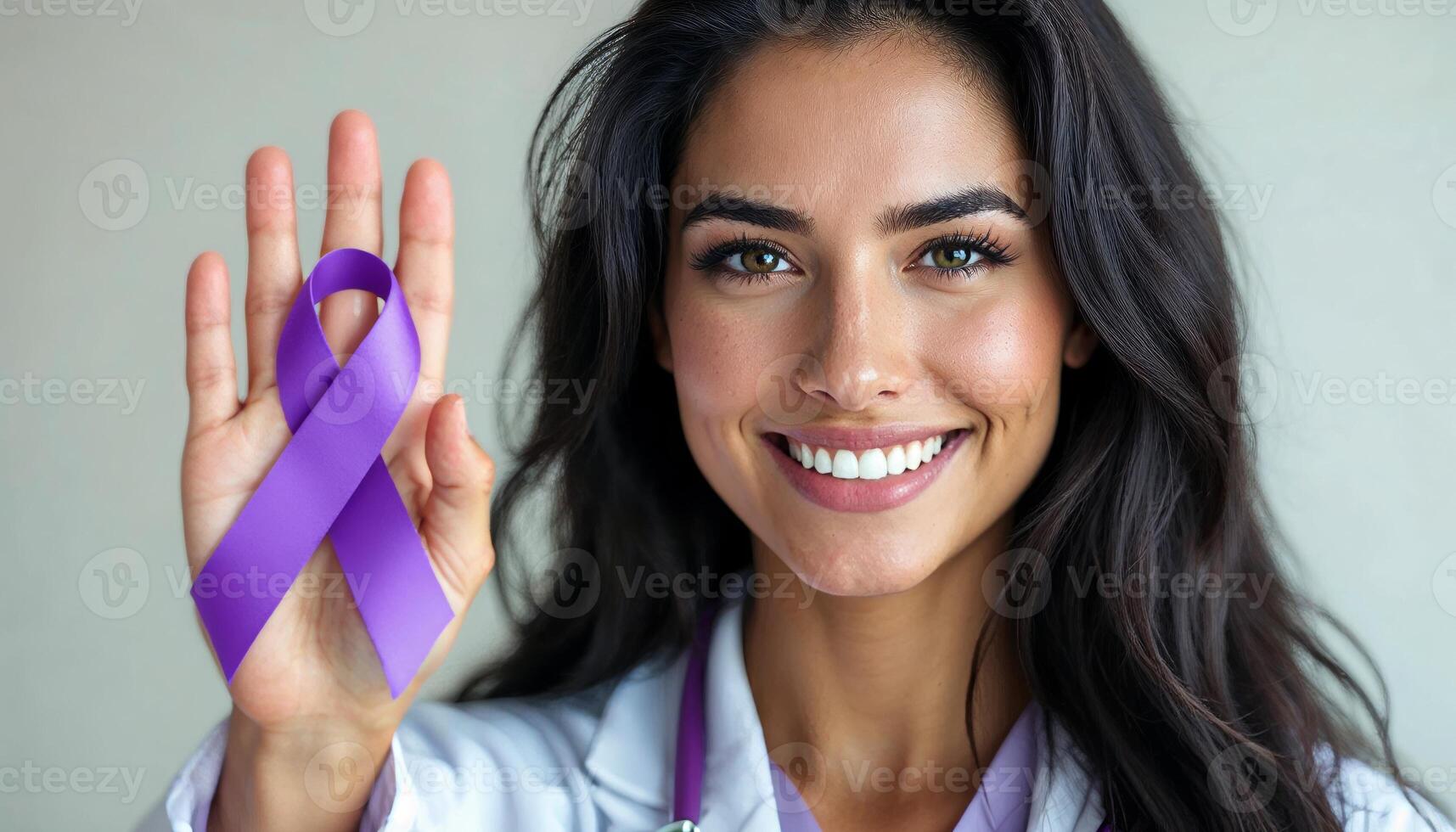 A woman in a white coat holding up a purple ribbon photo