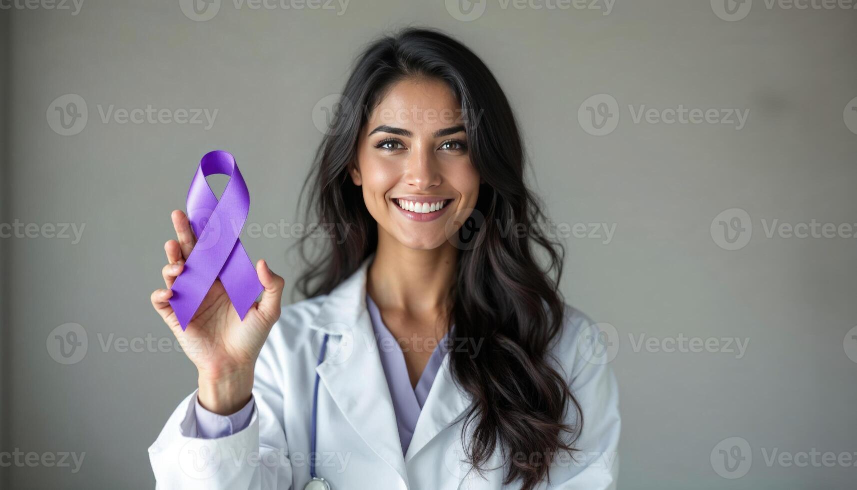 A woman in a lab coat holding up a purple ribbon photo