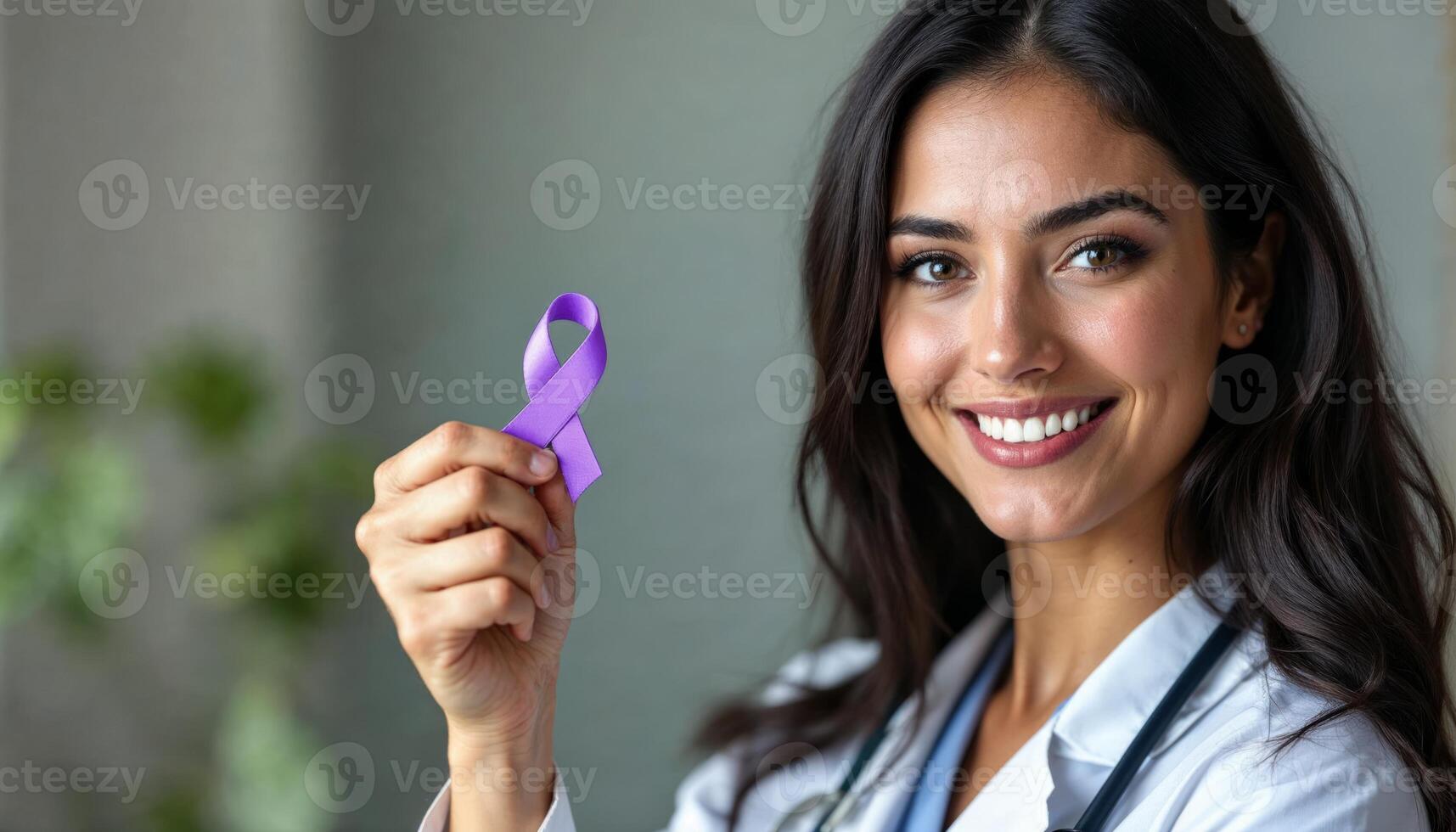 A woman in a white coat holding a purple ribbon photo