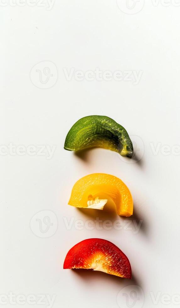 Three sliced bell peppers in green, yellow, and red are arranged neatly on a smooth white surface, showcasing their fresh, vibrant colors ideal for healthy cooking and meal preparation photo
