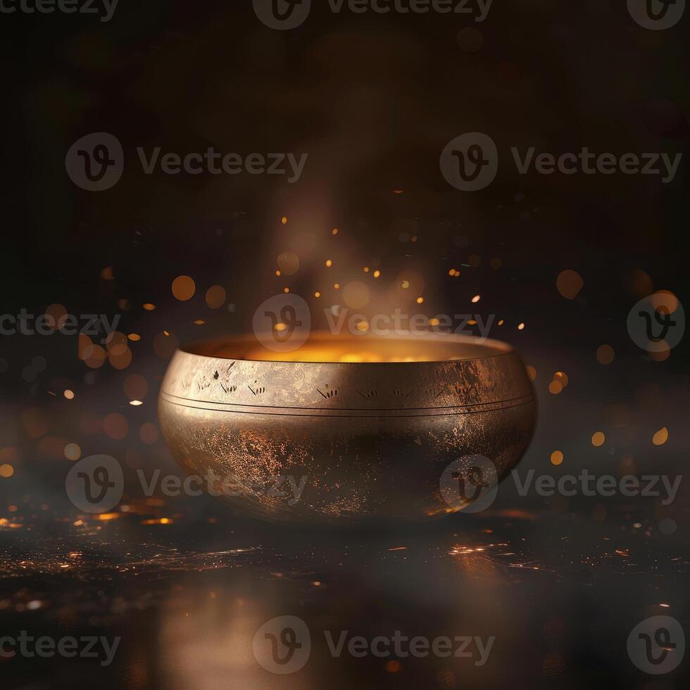 A single Tibetan singing bowl rests on a dark surface, emanating soft light and surrounded by glowing particles, creating a serene atmosphere perfect for meditation photo