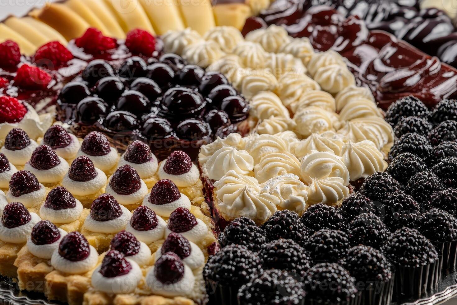A beautiful display of assorted desserts featuring blackberry tarts, creamy pastries, and rich chocolate treats elegantly arranged on a silver tray. Perfect for a festive gathering photo