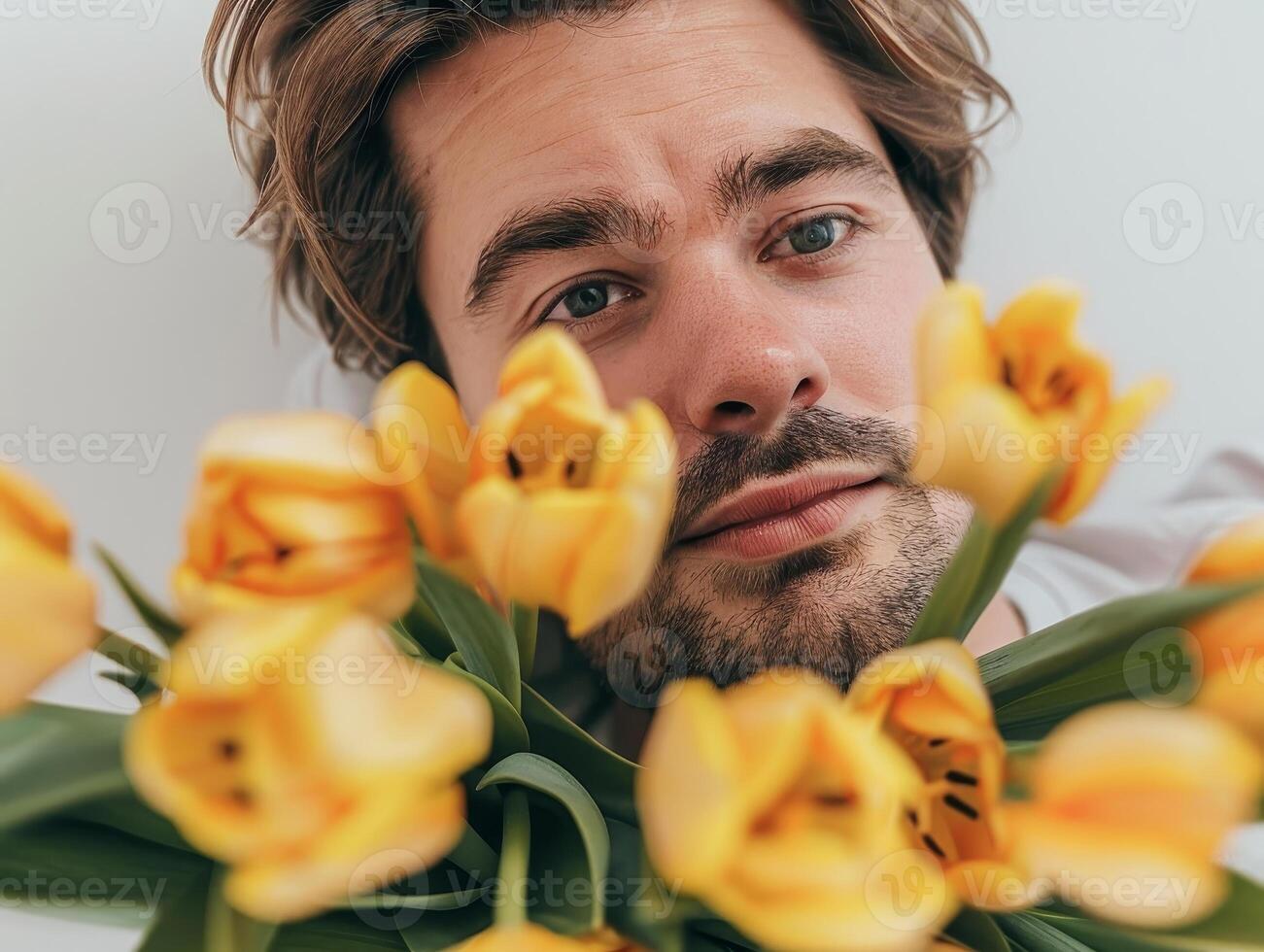 A young man with a gentle expression admires a vibrant bouquet of yellow tulips, surrounded by their lush green leaves. The warm colors evoke a sense of calm and joy in a cozy indoor setting photo