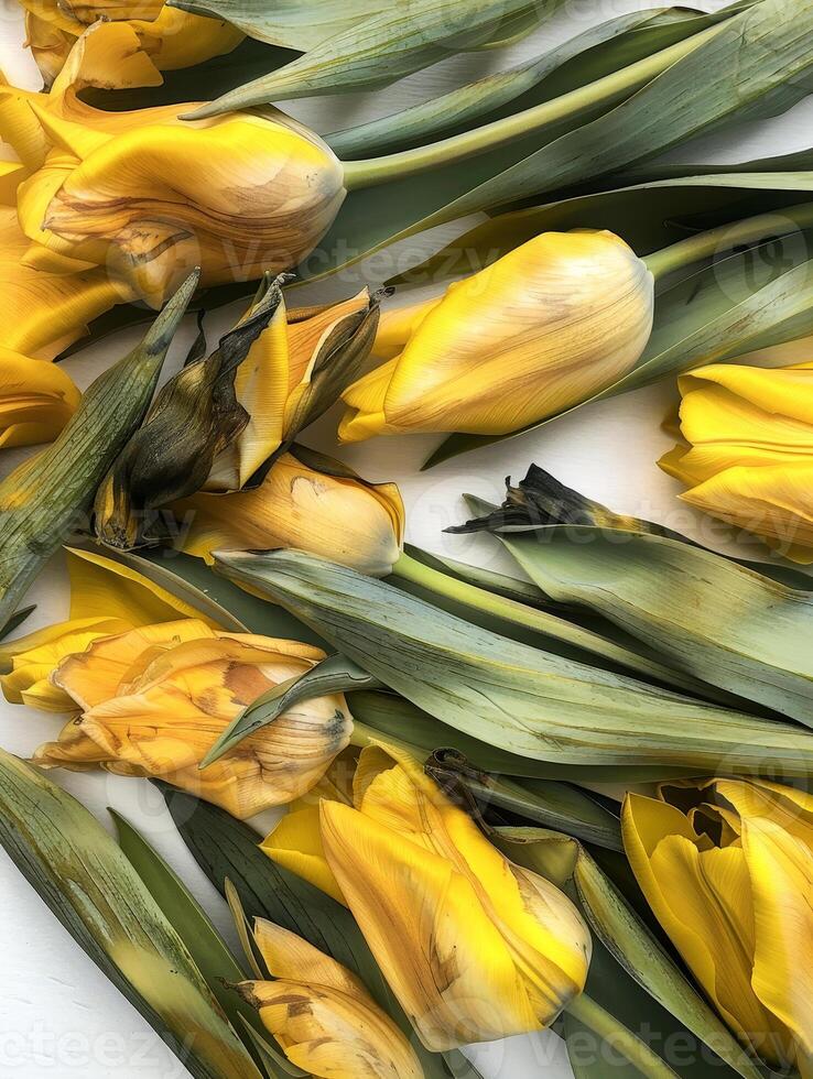 Bright yellow tulips lay elegantly among vibrant green leaves, showcasing their cheerful hues and smooth textures. This artistic display captures the essence of spring's charm and beauty photo