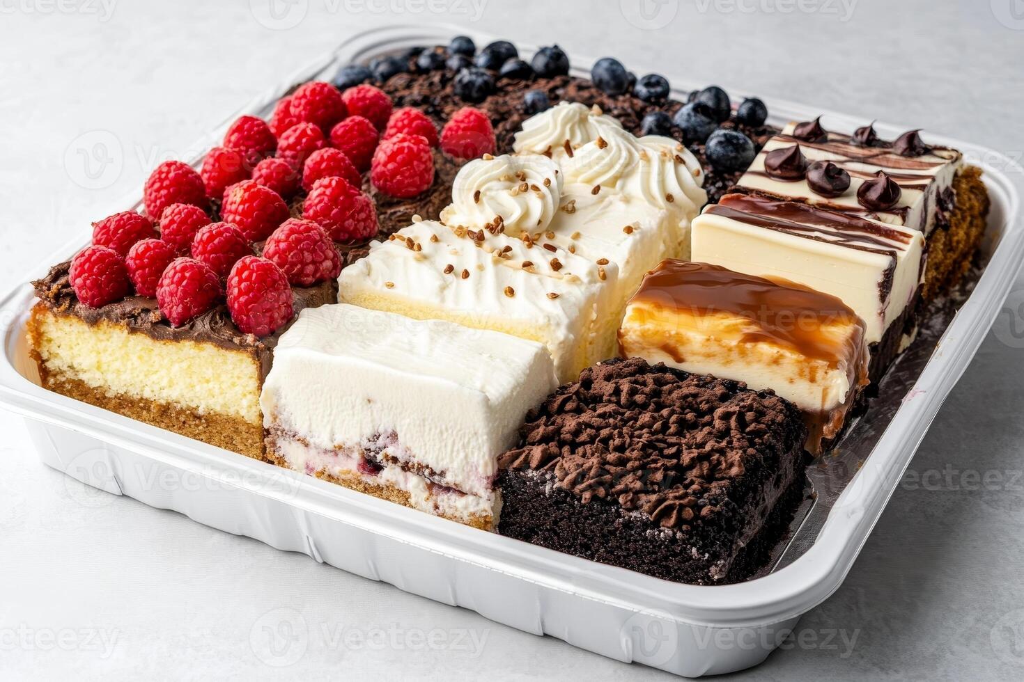 A beautifully arranged tray showcases a variety of desserts, including creamy slices, fruity toppings, and chocolate drizzles. The vibrant raspberries add a fresh touch, inviting indulgence photo