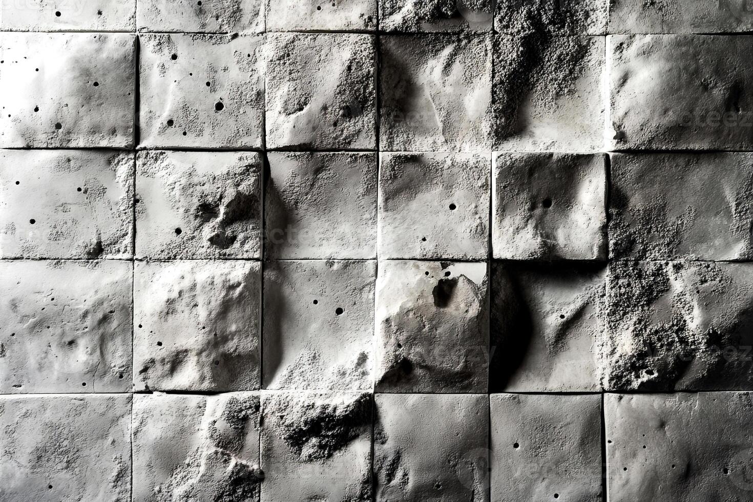 This abstract composition features a concrete surface divided into square tiles, revealing a blend of textured patterns and organic imperfections, creating a striking visual effect photo