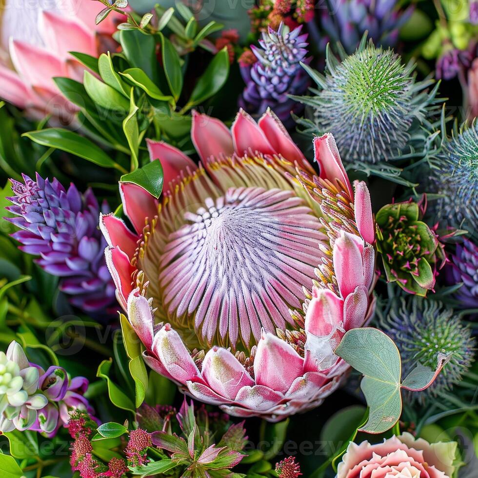 This close-up showcases a stunning collection of exotic flowers, featuring a prominent protea surrounded by lush greenery and captivating colors. Nature's artistry is on full display photo