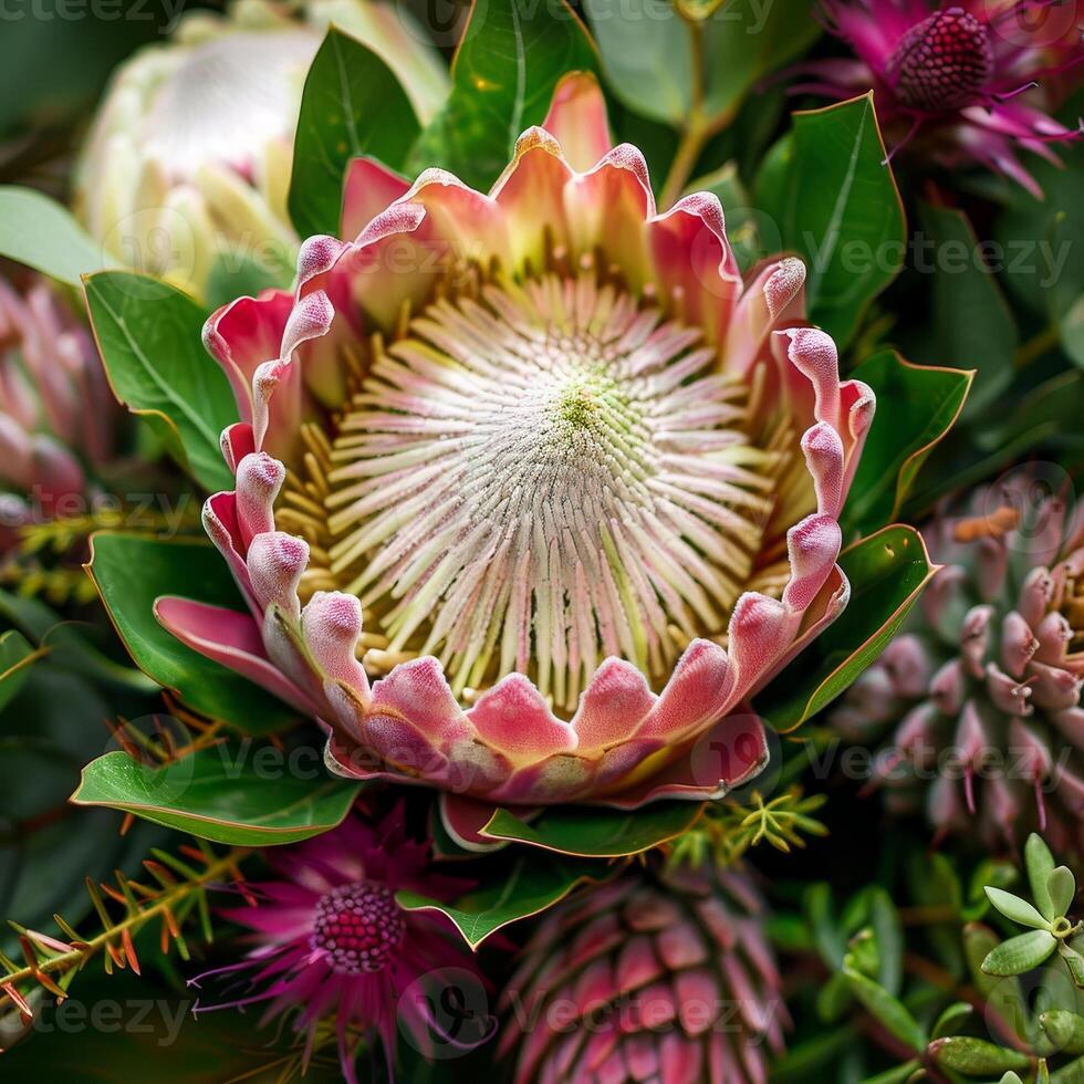 Captivating close-up showcasing a beautiful protea in pink hues, nestled among vibrant foliage and other blooms, embodying the essence of spring's beauty and vitality photo