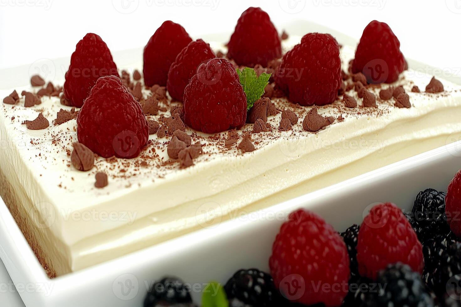 Indulging in a luscious creamy bavarian cream dessert adorned with plump raspberries and rich chocolate sauce invites a sweet escape. Perfectly designed for dessert lovers at a cozy cafe setting photo
