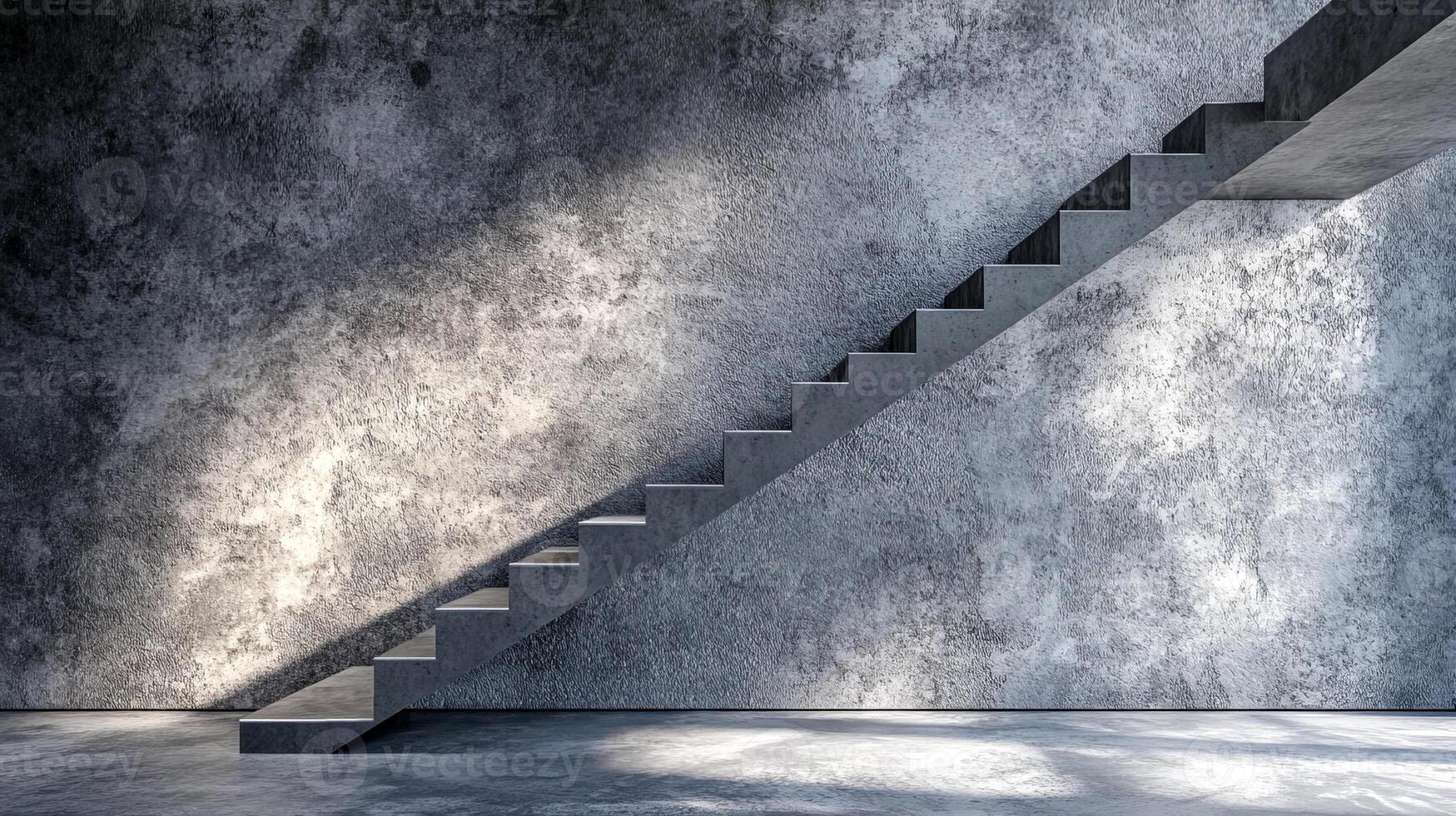 A unique textured concrete wall features a modern staircase that ascends gracefully. The interplay of light and shadow enhances the minimalist design, creating a striking visual effect photo
