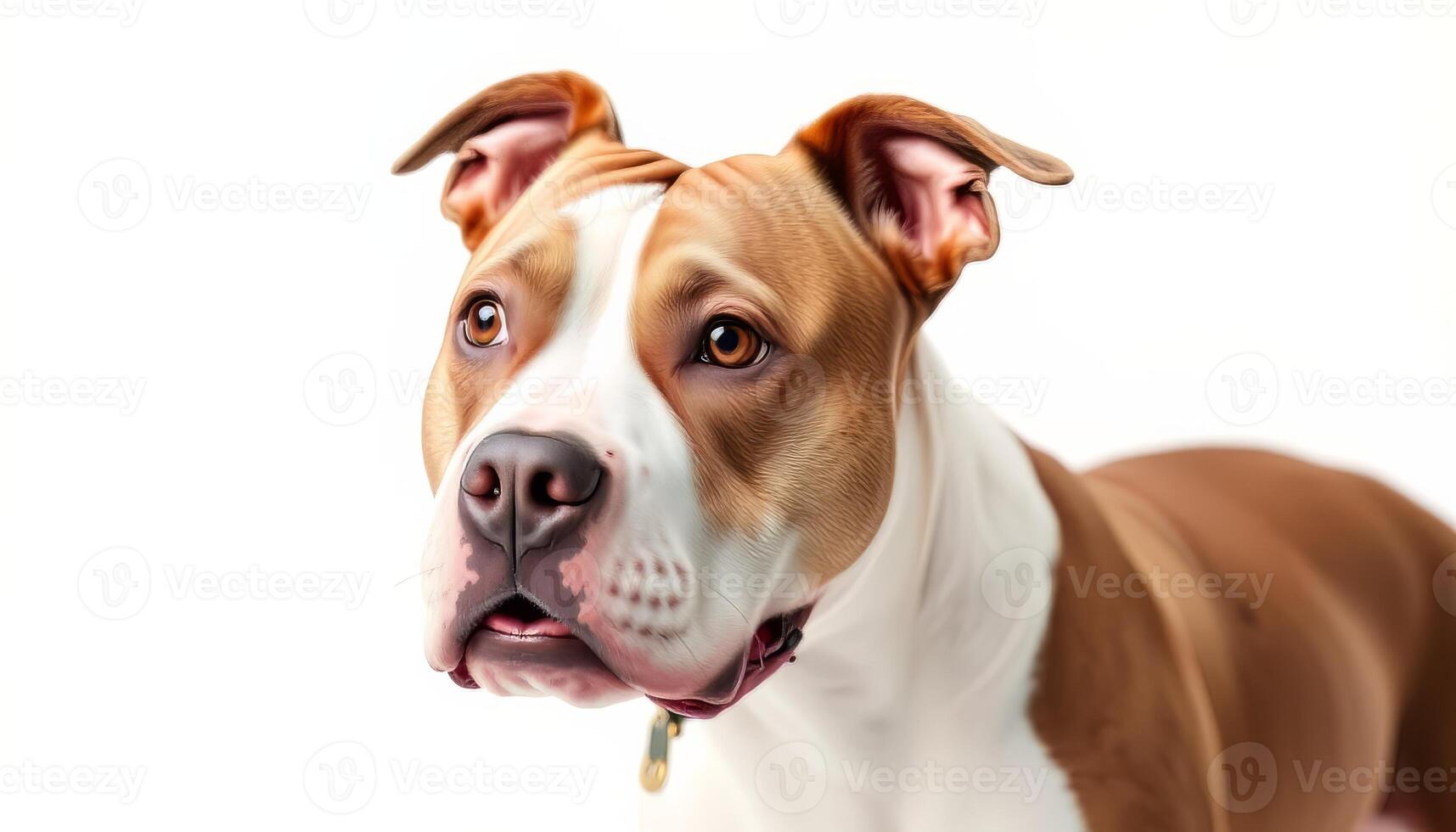 a brown and white pit bull dog is looking at the camera photo