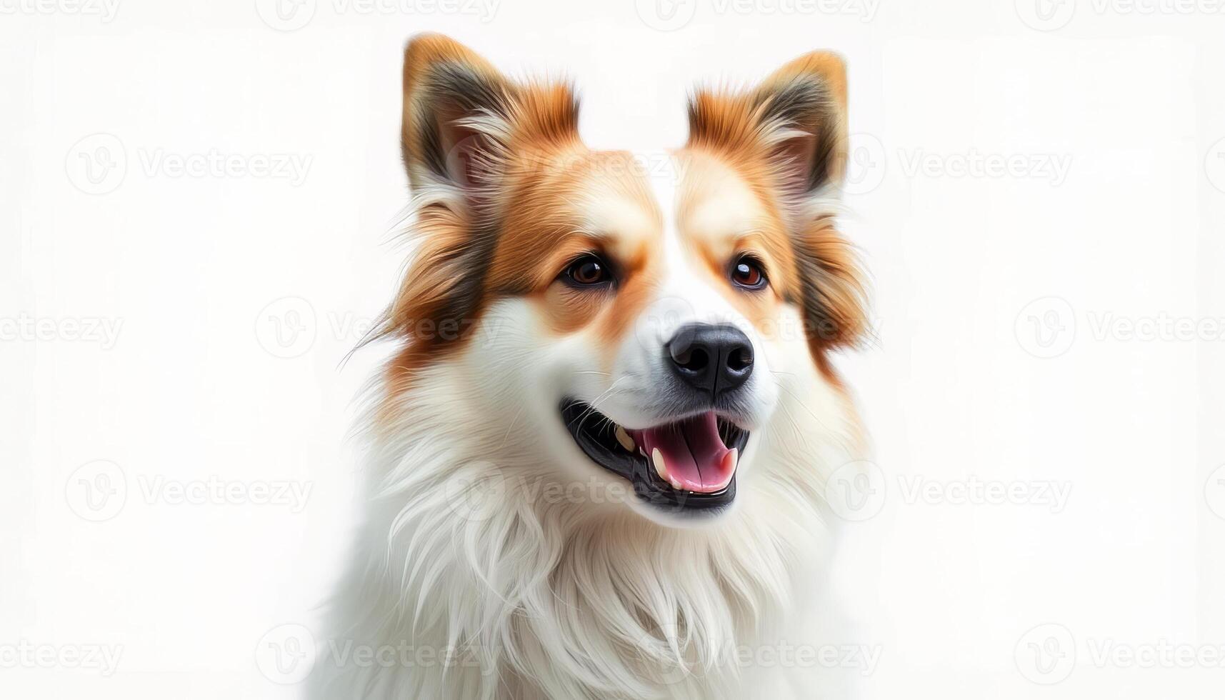 Portrait of a Happy Fluffy Dog with Red and White Fur Against a White Background photo