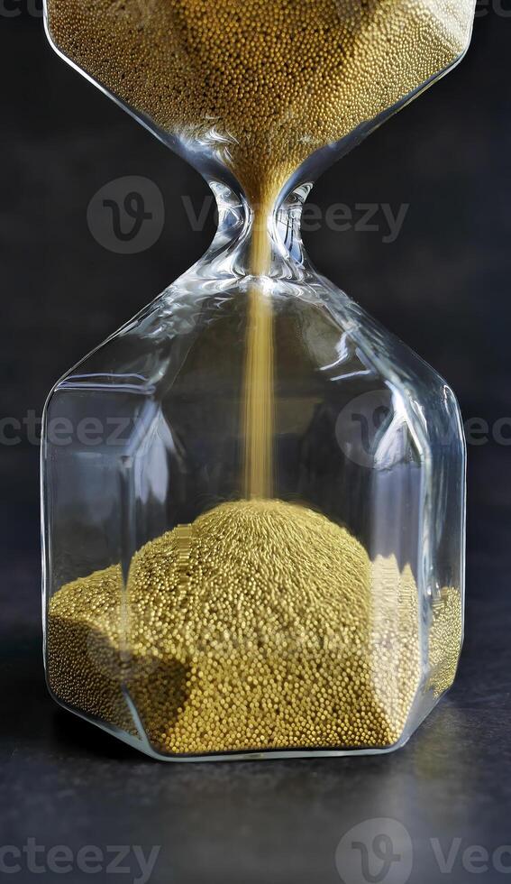 Close up Hourglass with Falling golden Sand in dark background, Every second count, running out of time or time up or passage of time concept photo