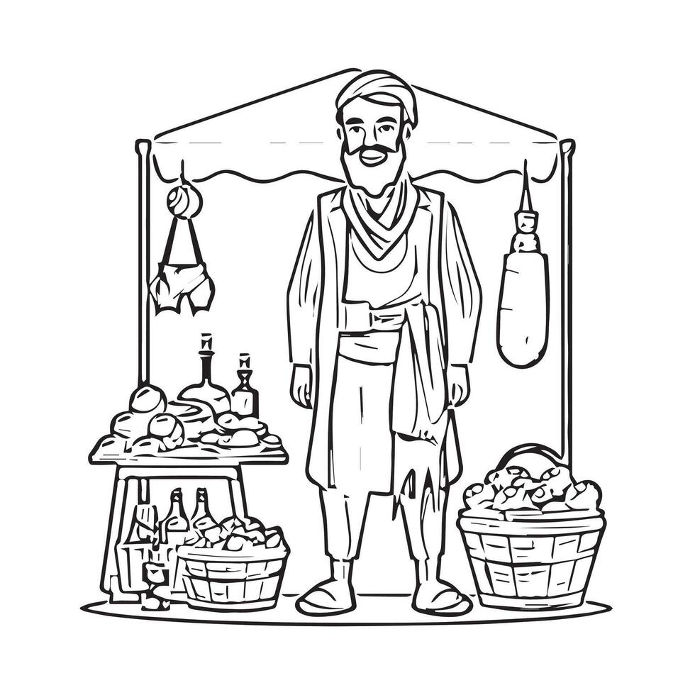 An illustration of a man standing in front of a market stall vector