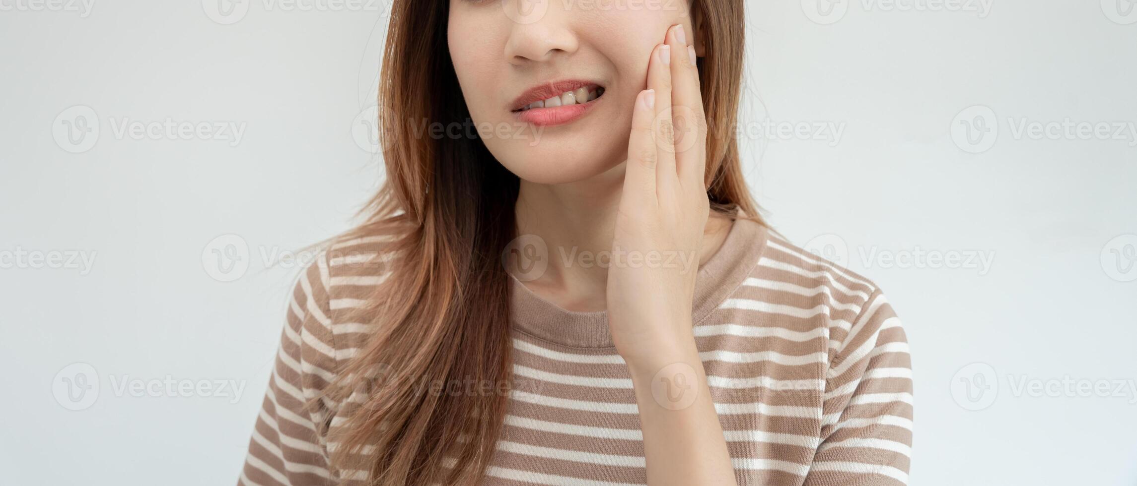 Asian woman feel toothache from gingivitis, female suffer tooth, decay problems, dental care. sensitive tooth, decay problem, bad breath, Gingival Recession, Oral Hygiene instruction photo
