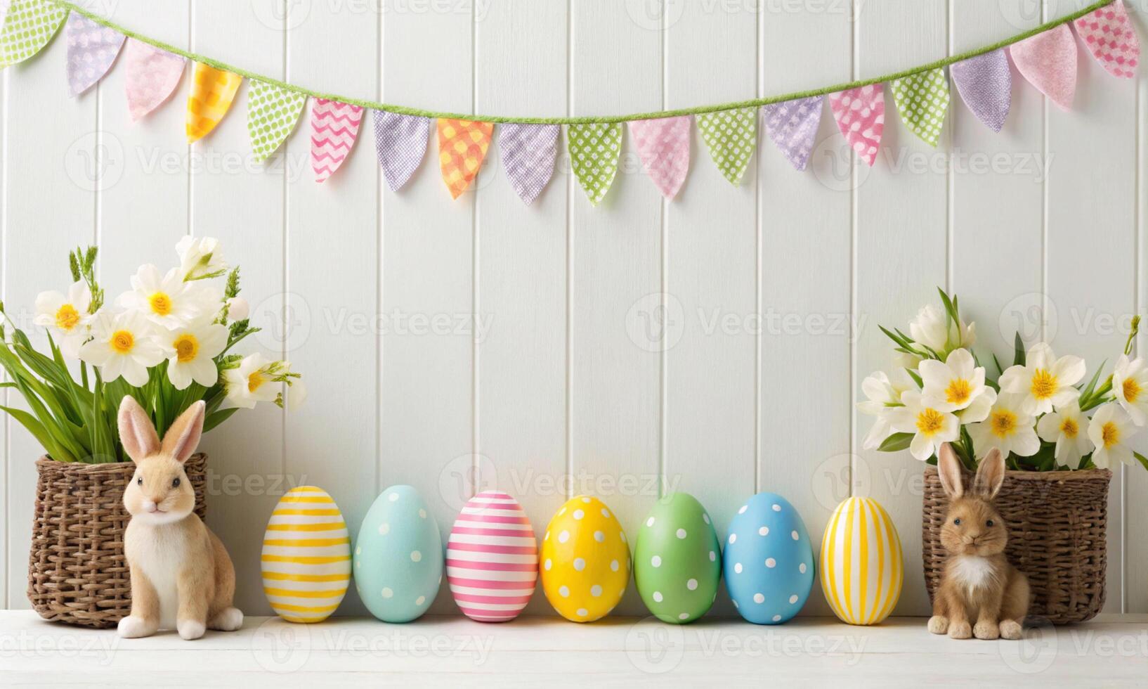 happy easter day colorful flag street easter egg spring time rabbit bunny traditional culture april month 2025 year empty pattern white color happy easter day greeting banner card greeting celebration photo