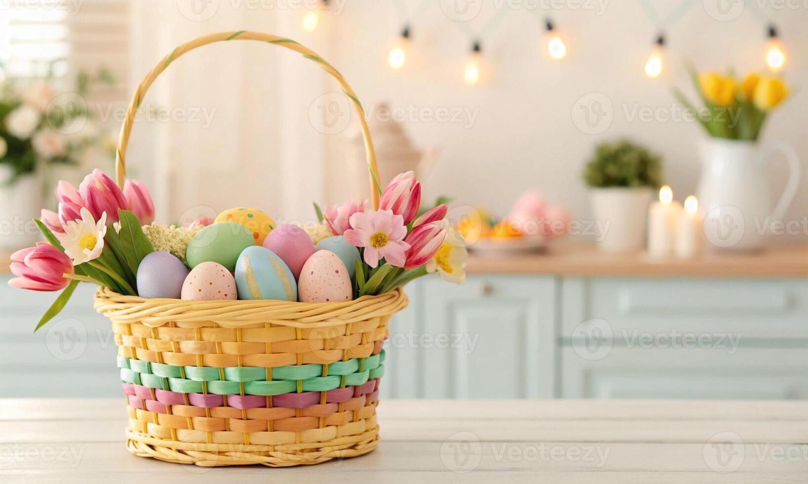 Happy easter day eggs basket crown copy space rabbit bunny ear animal pet springtime season background wallpaper colorful rainbow paint design happy easter day eggs april month 2025 year celebration photo