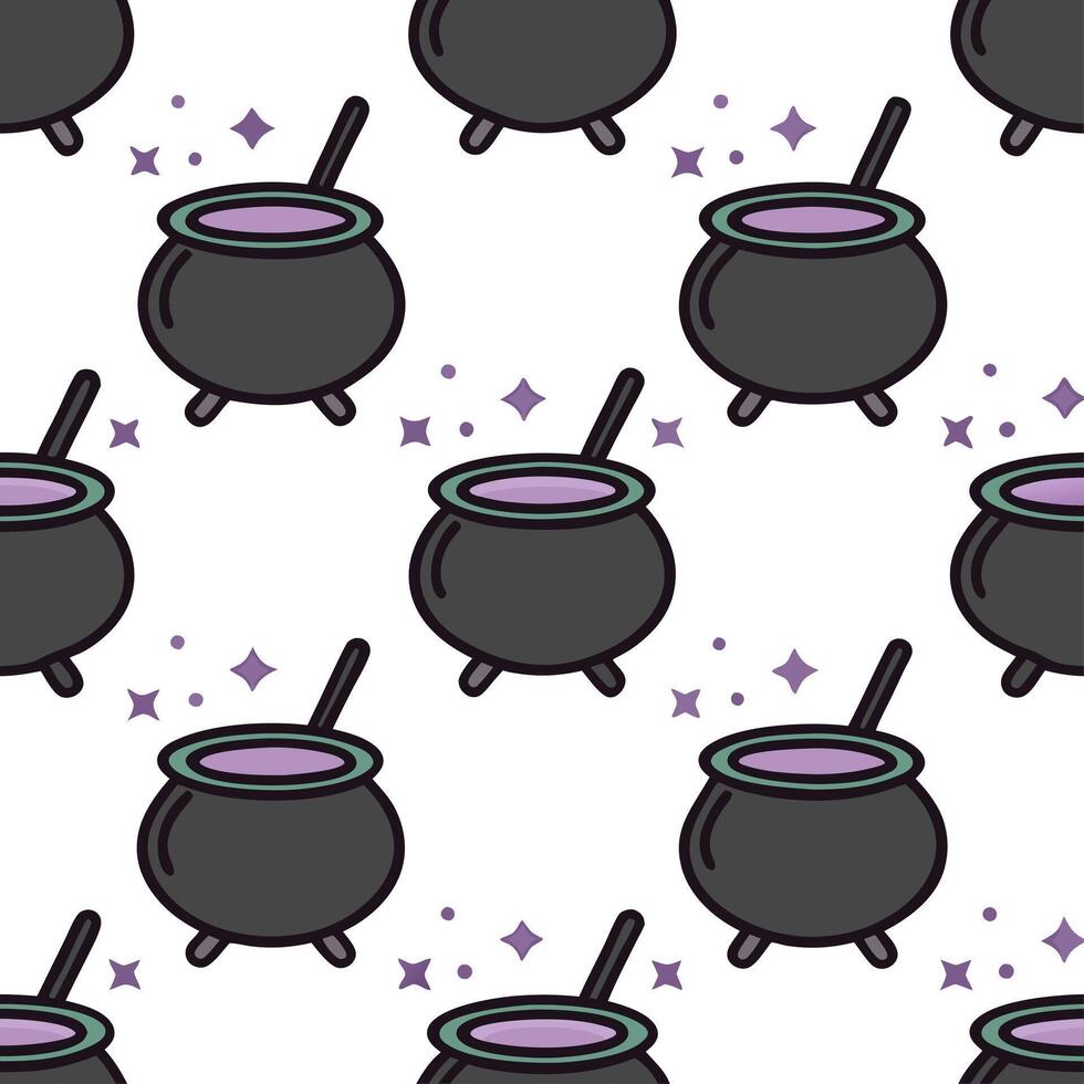 Witches and cauldrons seamless tile pattern with magical elements and dark colors for enchanting Halloween decor concept as Magical witches and bubbling cauldrons arranged seamless Clear vector